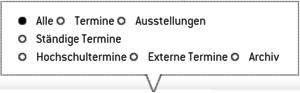 Auswahl mit den Bereichen "Alles", "Termine", "Ausstellungen", "Ständige Termine", "Hochschultermine", "Externe Termine" und "Archiv"